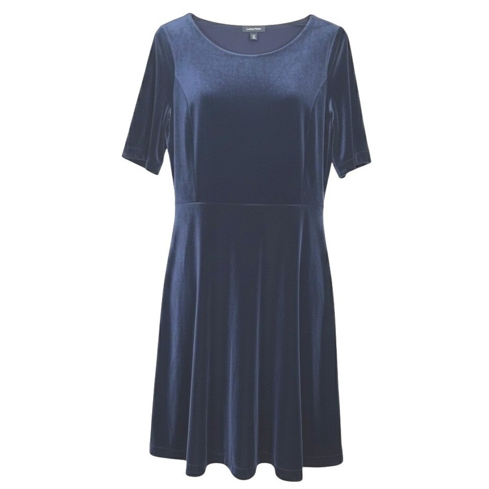 Lands End Navy Blue Velvet Fit Flare Dress Size L 14/16 Stretchy Lux Comfortable